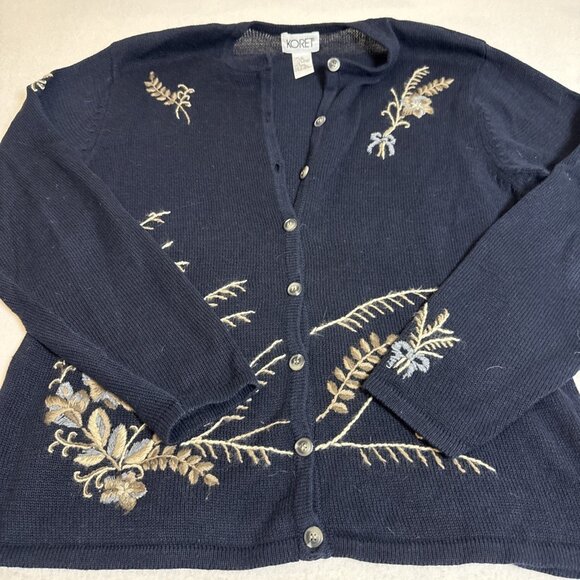 Koret Cardigan Sweater Large With Embroidered Flowers Navy Blue ￼ - Picture 2 of 8